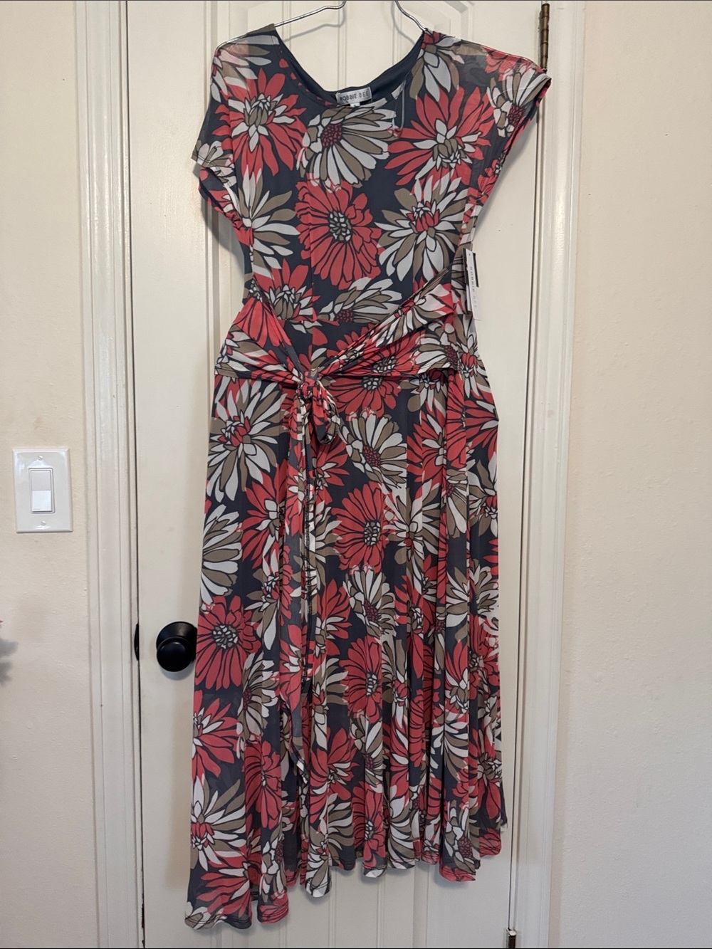 Robbie Bee Coral and Gray Floral Maxi Dress with Tie Waist